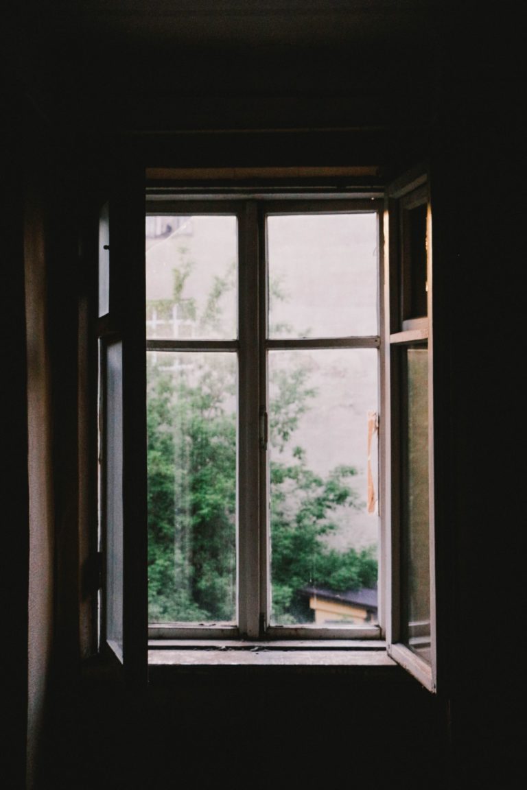 a window with a tree outside