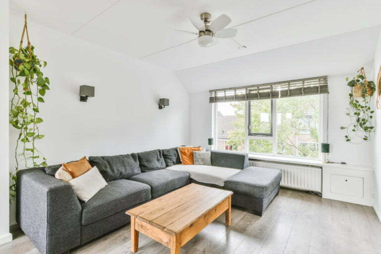 a living room with a couch and a coffee table