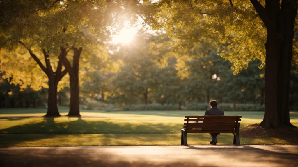a person sits peacefully on a bench in a serene, sunlit park, deeply engrossed in a comforting conversation with a therapist.