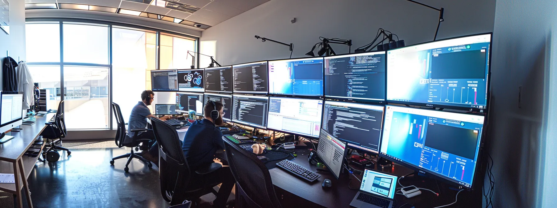 software developers analyzing code on multiple computer screens in a high-tech lab.