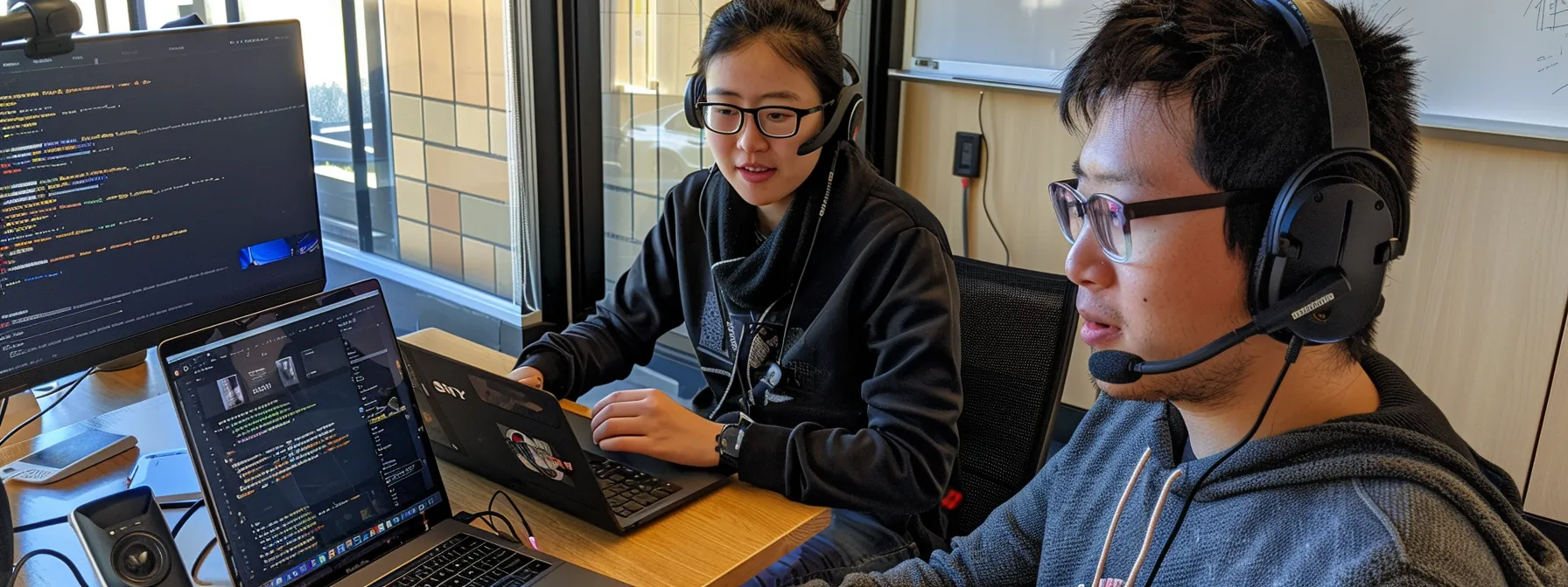 developers working together on a laptop, discussing code and running tests in real-time.