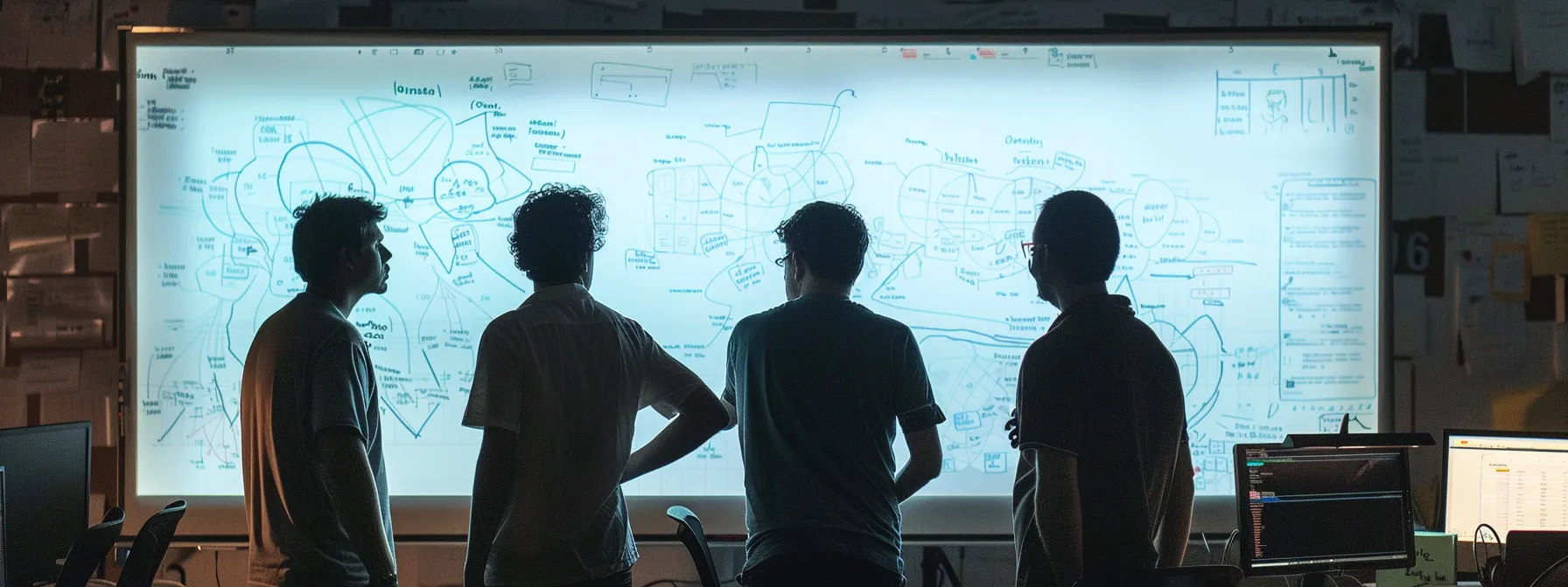 a team of developers and testers collaborating and discussing bug detection strategies in front of a whiteboard covered in diagrams and notes.