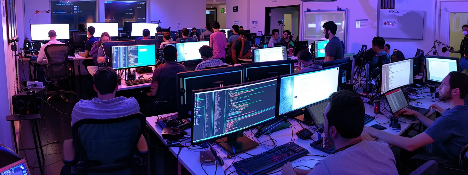 developers gathered around multiple computer screens, intensely reviewing code and debugging software to enhance user experience.