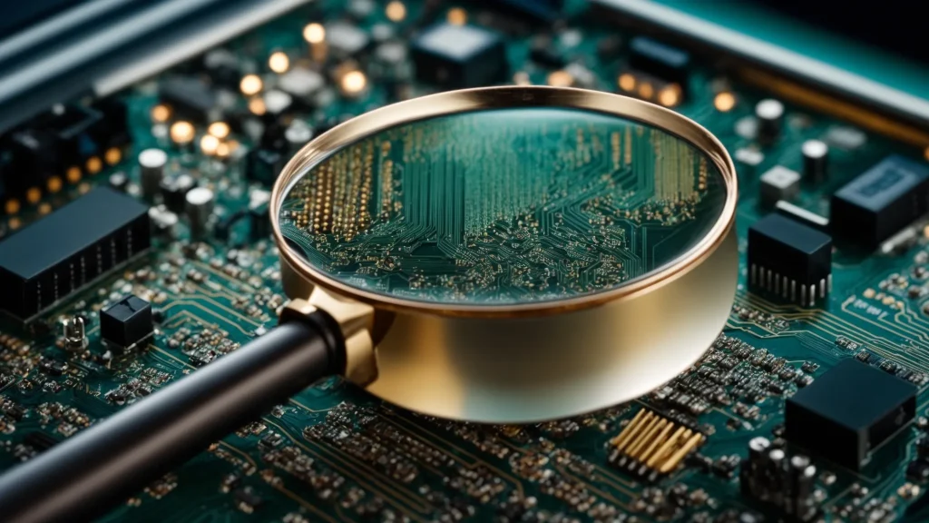 a magnifying glass hovers over a computer circuit board possibly revealing hidden bugs or faults.